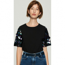 T-shirt z połyskującą aplikacją na rękawach - Czarny. Czarne t-shirty damskie Sinsay, l, z aplikacjami. Za 59,99 zł.