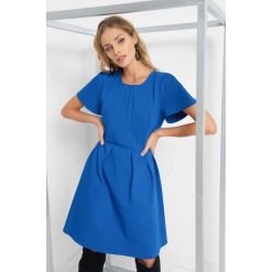 Rozkloszowana sukienka. Niebieskie sukienki mini Orsay, na co dzień, z bawełny, z okrągłym kołnierzem, z krótkim rękawem, rozkloszowane. Za 139,99 zł.