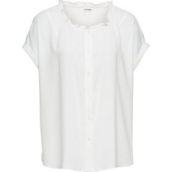 Bluzka z falbanką, oversized bonprix biały. Białe koszulki damskie bonprix, bez wzorów, z falbankami, bez rękawów. Za 69,99 zł.