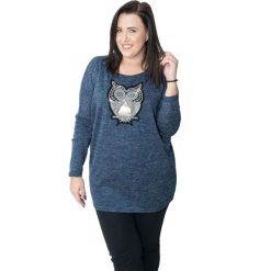 Kimonowa granatowa bluzka sowa OVERSIZE PLUS SIZE JESIEŃ ZIMA. Szare bluzki damskie Moda Size Plus Iwanek, xxl, z aplikacjami, z elastanu, bez kołnierzyka, plus size, bez rękawów. Za 89,00 zł.