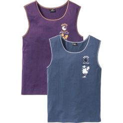 Koszulka tank top (2 szt.) bonprix indygo + jagodowy. Niebieskie koszulki męskie bonprix, s, z nadrukiem, z kontrastowym kołnierzykiem. Za 55,98 zł.