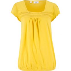 Shirt bawełniany z koronką i krótkim rękawem bonprix żółty kukurydziany. Żółte t-shirty damskie bonprix, w koronkowe wzory, z bawełny, bez kołnierzyka. Za 44,99 zł.