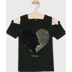 Guess Jeans - Top dziecięcy 118-166 cm. Czarne bluzki dziewczęce Guess Jeans, z nadrukiem, z elastanu, z okrągłym kołnierzem, z krótkim rękawem, krótkie, bez kaptura. W wyprzedaży za 99,90 zł.