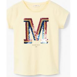 Mango Kids - Top dziecięcy Mangos2 110-164 cm. Białe bluzki dziewczęce marki Mango Kids, z nadrukiem, z bawełny, z okrągłym kołnierzem. W wyprzedaży za 29,90 zł.