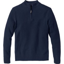 Sweter ze stójką z zamkiem bonprix ciemnoniebieski. Niebieskie swetry męskie bonprix, s, bez wzorów, z dzianiny, ze stójką, bez kaptura. Za 74,99 zł.