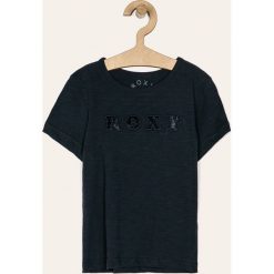 Roxy - T-shirt dziecięcy 116-176 cm. Niebieskie bluzki dziewczęce Roxy, z aplikacjami, z bawełny, z okrągłym kołnierzem, z krótkim rękawem, krótkie, bez kaptura. W wyprzedaży za 59,90 zł.