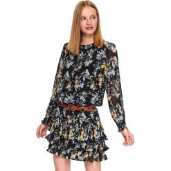 Bluzka w kwiatowy nadruk. Czarne bluzki damskie Top Secret, z nadrukiem, z jeansu, eleganckie, z koszulowym kołnierzykiem, z długim rękawem. W wyprzedaży za 59,99 zł.