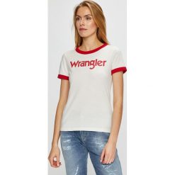 Wrangler - Top. Białe bluzki damskie Wrangler, s, z nadrukiem, z bawełny, z okrągłym kołnierzem. Za 99,90 zł.