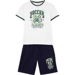 T-shirt + spodnie (2 części) bonprix biało-ciemnoniebieski. Białe t-shirty chłopięce bonprix, z nadrukiem, bez rękawów. Za 42,99 zł.