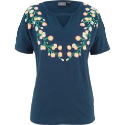 Shirt z przędzy mieszankowej z nadrukiem, krótki rękaw bonprix ciemnoniebieski z nadrukiem. Niebieskie koszulki damskie bonprix, z nadrukiem, bez kołnierzyka. Za 16,99 zł.