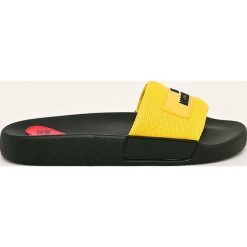 Love Moschino - Klapki. Żółte klapki damskie Love Moschino, bez wzorów, z materiału, bez obcasa, na obcasie. Za 419,90 zł.
