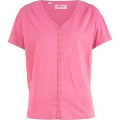 Shirt z plisą guzikową, krótki rękaw bonprix matowy różowy. Różowe koszulki damskie bonprix, bez wzorów, bez kołnierzyka. Za 29,99 zł.