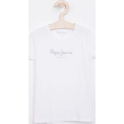 Pepe Jeans - Top dziecięcy Hana 104-180 cm. Niebieskie bluzki dziewczęce Pepe Jeans, z nadrukiem, z elastanu, z okrągłym kołnierzem, z krótkim rękawem, krótkie, bez kaptura. Za 79,90 zł.