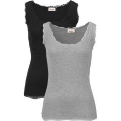 Top w prążek (2 szt.) bonprix czarny + jasnoszary melanż. Czarne bluzki damskie marki bonprix, w koronkowe wzory, z koronki, z okrągłym kołnierzem, bez rękawów. Za 55,98 zł.
