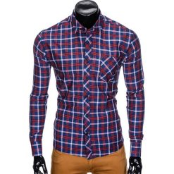 KOSZULA MĘSKA W KRATĘ Z DŁUGIM RĘKAWEM K416 - GRANATOWA/CZERWONA. Czerwone koszule męskie Ombre Clothing, s, bez wzorów, bez kołnierzyka, z długim rękawem. Za 29,00 zł.