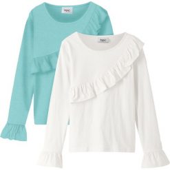Shirt z długim rękawem i falbanami (2 szt.) bonprix morski pastelowy + biel wełny. Niebieskie bluzki dziewczęce marki bonprix, bez wzorów, z wełny, bez kołnierzyka, z długim rękawem, długie, bez kaptura. Za 55,98 zł.
