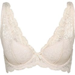 Biustonosz z usztywnianymi miseczkami bonprix w kolorze szampana. Różowe biustonosze bonprix, w koronkowe wzory, z koronki. Za 59,99 zł.