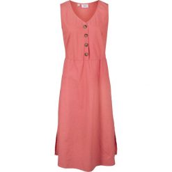 Sukienka lniana midi z plisą guzikową bonprix rabarbarowy. Różowe sukienki damskie bonprix, bez wzorów, bez kołnierzyka, bez rękawów, midi, plisowane. Za 99,99 zł.
