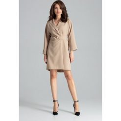 Sukienka żakietowa elegancka beżowa - l/xl. Brązowe sukienki damskie e-margeritka.pl, na co dzień, s, w paski, z tkaniny, eleganckie, z klasycznym kołnierzykiem, z długim rękawem, długie, midi, proste. Za 199,99 zł.