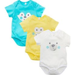 Body niemowlęce z krótkim rękawem (3 szt.) bonprix morski + biel wełny + jasna limonka. Niebieskie body niemowlęce bonprix, z aplikacjami, z bawełny, z krótkim rękawem. Za 53,97 zł.