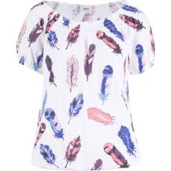 Shirt "carmen" z nadrukiem bonprix biały - pióra. Białe koszulki damskie bonprix, z nadrukiem, bez kołnierzyka. Za 34,99 zł.