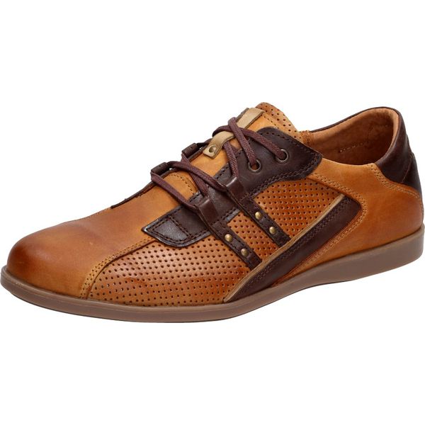 POLSKIE j.brązowe półbuty męskie POLBUT C44P. Pomarańczowe półbuty męskie POLBUT, bez wzorów, klasyczne, bez zapięcia. W wyprzedaży za 139,00 zł.