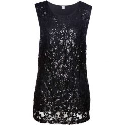 Shirt z koronką i cekinami bonprix czarny. Czarne koszulki damskie marki bonprix, w koronkowe wzory, z wiskozy, bez kołnierzyka. Za 109,99 zł.