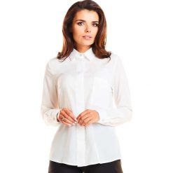 Ecru Elegancka Klasyczna Koszula z Pojedynczą Kieszenią. Szare bluzki damskie z długim rękawem marki Molly.pl, na co dzień, s, bez wzorów, eleganckie, z klasycznym kołnierzykiem. Za 109,90 zł.