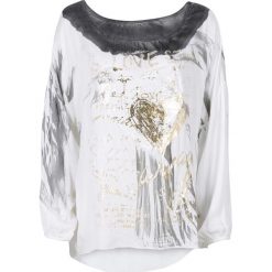 Shirt z połyskującym nadrukiem bonprix biało-szary z nadrukiem. Białe koszulki damskie bonprix, z nadrukiem, z wiskozy, z okrągłym kołnierzem, bez rękawów. Za 99,99 zł.