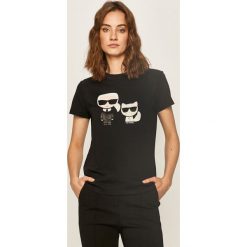 Karl Lagerfeld - T-shirt. Czarne bluzki damskie KARL LAGERFELD, s, z nadrukiem, z bawełny, z okrągłym kołnierzem. W wyprzedaży za 259,90 zł.