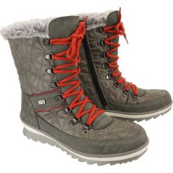 RIEKER REMONTE R4383-45 TEX grey combination, śniegowce damskie. Szare kozaki damskie Rieker Remonte, z wełny, bez obcasa, bez zapięcia. W wyprzedaży za 279,90 zł.