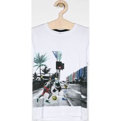 Name it - T-shirt dziecięcy 122-164 cm. Białe t-shirty chłopięce Name it, z nadrukiem, z elastanu, bez rękawów. W wyprzedaży za 34,90 zł.