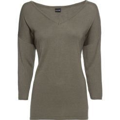 Sweter bonprix ciemnooliwkowy. Zielone swetry damskie bonprix, bez wzorów, bez rękawów, bez kaptura. Za 74,99 zł.