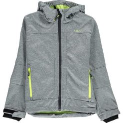 Kurtka softshellowa w kolorze szarym. Szare kurtki chłopięce CMP Kids, bez wzorów, z tkaniny, bez kaptura. W wyprzedaży za 112,95 zł.