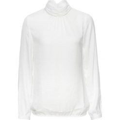 Bluzka satynowa ze stójką bonprix biel wełny. Białe bluzki wizytowe bonprix, z satyny, eleganckie, ze stójką. Za 74,99 zł.