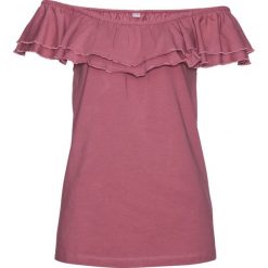 Shirt z falbanami bonprix jasny jeżynowy. Fioletowe koszulki damskie bonprix, bez wzorów, z podwójnym kołnierzykiem. Za 27,99 zł.