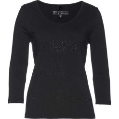 Shirt z połyskującymi kamieniami bonprix czarny. Czarne koszulki damskie bonprix, bez wzorów, bez kołnierzyka, bez rękawów. Za 59,99 zł.