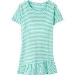 Shirt z falbaną bonprix morski zielony - biały. Zielone bluzki dziewczęce marki bonprix, na lato, w paski, z bawełny, bez kołnierzyka, bez rękawów, bez kaptura. Za 39,99 zł.