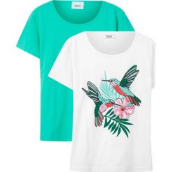 T-shirt (2 szt. w opak.) bonprix biały-zielony morski + biały. Białe bluzki dziewczęce bonprix, z nadrukiem, z okrągłym kołnierzem, z krótkim rękawem, krótkie, bez kaptura. Za 45,98 zł.