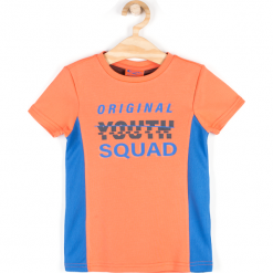 Koszulka. Pomarańczowe t-shirty chłopięce ACTIVE BOY, z aplikacjami, z poliesteru, z krótkim rękawem. Za 34,90 zł.