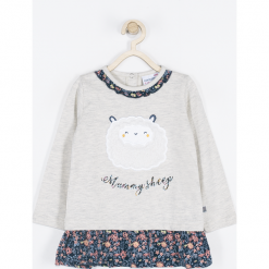 Koszulka. Szare bluzki dziewczęce bawełniane MUMMY SHEEP, z aplikacjami, z falbankami, z długim rękawem. Za 49,90 zł.