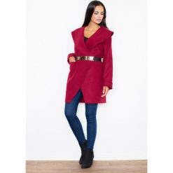 Bordowy Krótki Stylowy Płaszcz z Dużym Kołnierzem bez Zapięcia. Czerwone kurtki damskie FIGL, s, bez wzorów, z poliesteru, eleganckie, krótkie, bez kaptura. Za 199,90 zł.