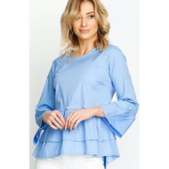 Niebieska Bluzka Shangri-la. Niebieskie bluzki asymetryczne Born2be, s, z falbankami, z długim rękawem. Za 59,99 zł.