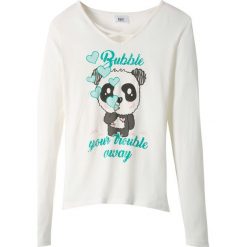 Shirt z długim rękawem bonprix biel wełny. Białe bluzki dziewczęce bonprix, w paski, z wełny, bez kołnierzyka, z długim rękawem, długie, bez kaptura. Za 27,99 zł.