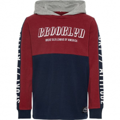 Bluza "Rasmus" w kolorze granatowo-czerwonym. Czerwone bluzy chłopięce rozpinane Name it Kids, z nadrukiem, z bawełny. W wyprzedaży za 59,95 zł.