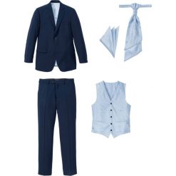 Garnitur 5-częściowy (marynarka, spodnie, kamizelka, krawat i chusteczka do butonierki) bonprix ciemnoniebieski. Niebieskie krawaty męskie bonprix, eleganckie. Za 399,99 zł.