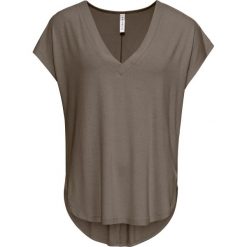 Shirt oversize bonprix jasnooliwkowy. Zielone koszulki damskie bonprix, bez wzorów, z dekoltem w serek. Za 49,99 zł.