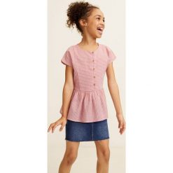 Mango Kids - Top dziecięcy Bow 110-152 cm. Niebieskie bluzki dziewczęce Mango Kids, bez wzorów, z bawełny, z okrągłym kołnierzem, z krótkim rękawem, krótkie, bez kaptura. W wyprzedaży za 35,90 zł.