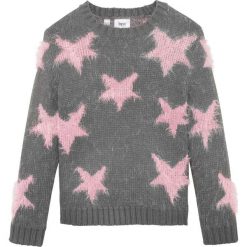 Sweter z dzianiny z długim włosem bonprix dymny szary - pudrowy jasnoróżowy wzorzysty. Szare swetry dziewczęce bonprix, bez wzorów, z dzianiny, bez kołnierzyka, z długim rękawem, długie, bez kaptura. Za 59,99 zł.