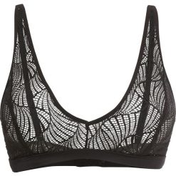 Biustonosz z trójkątnymi miseczkami bonprix czarny. Czarne biustonosze sportowe marki bonprix, w paski, z koronki. Za 44,99 zł.
